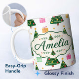 Personalized Custom Name Festive Christmas Trees Gifts Holiday Seamless Pattern Lovely 11oz Ceramic Coffee Tea Mug White Large Handle