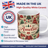 Personalized Custom Name Vintage Christmas Trees Ornaments Red Green Holiday Seamless Pattern 11oz Ceramic Coffee Tea Mug White Large Handle