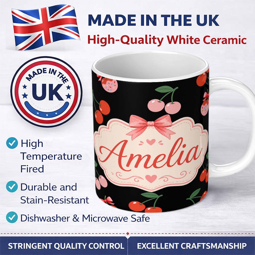 Personalized Custom Name Cute Cherry Fruit with Bow and Sprinkles Seamless Pattern Black 11oz Ceramic Coffee Tea Mug White Large Handle
