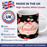 Personalized Custom Name Cute Cherry Fruit with Bow and Sprinkles Seamless Pattern Black 11oz Ceramic Coffee Tea Mug White Large Handle