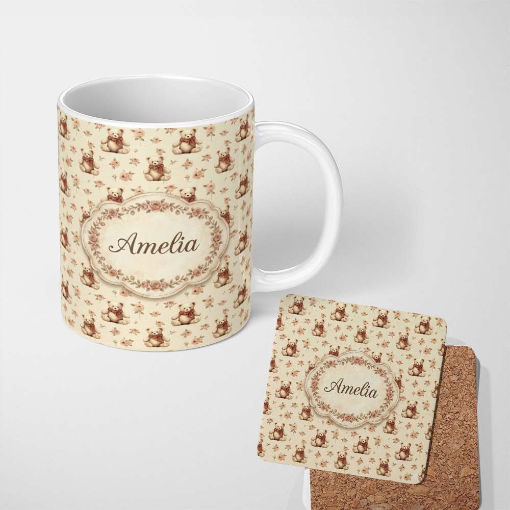 Personalized Custom Name Adorable Teddy Bear with Rose Floral Seamless Pattern Lovely 11oz Ceramic Coffee Tea Mug White Large Handle