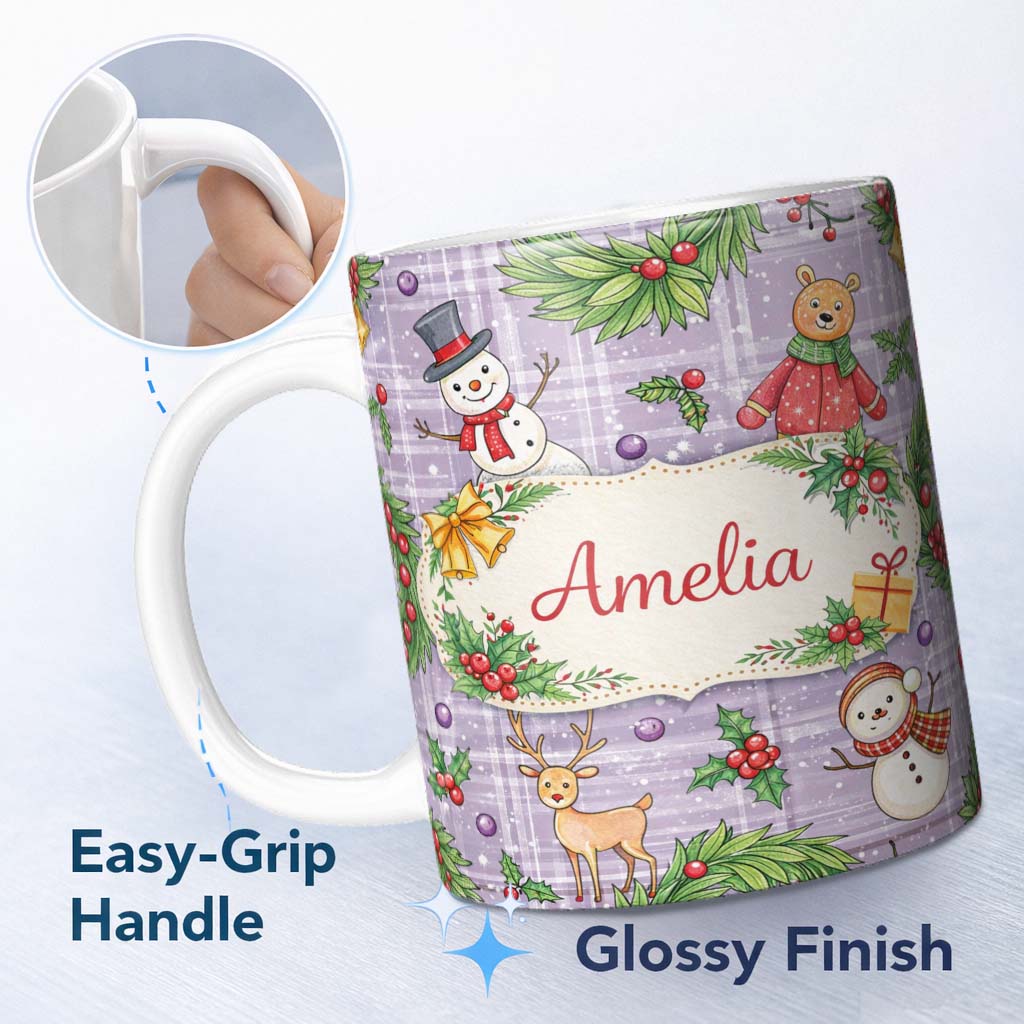 Personalized Custom Name Winter Holiday Snowman Reindeer Cute Seamless Pattern Lovely 11oz Ceramic Coffee Tea Mug White Large Handle