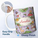 Personalized Custom Name Winter Holiday Snowman Reindeer Cute Seamless Pattern Lovely 11oz Ceramic Coffee Tea Mug White Large Handle