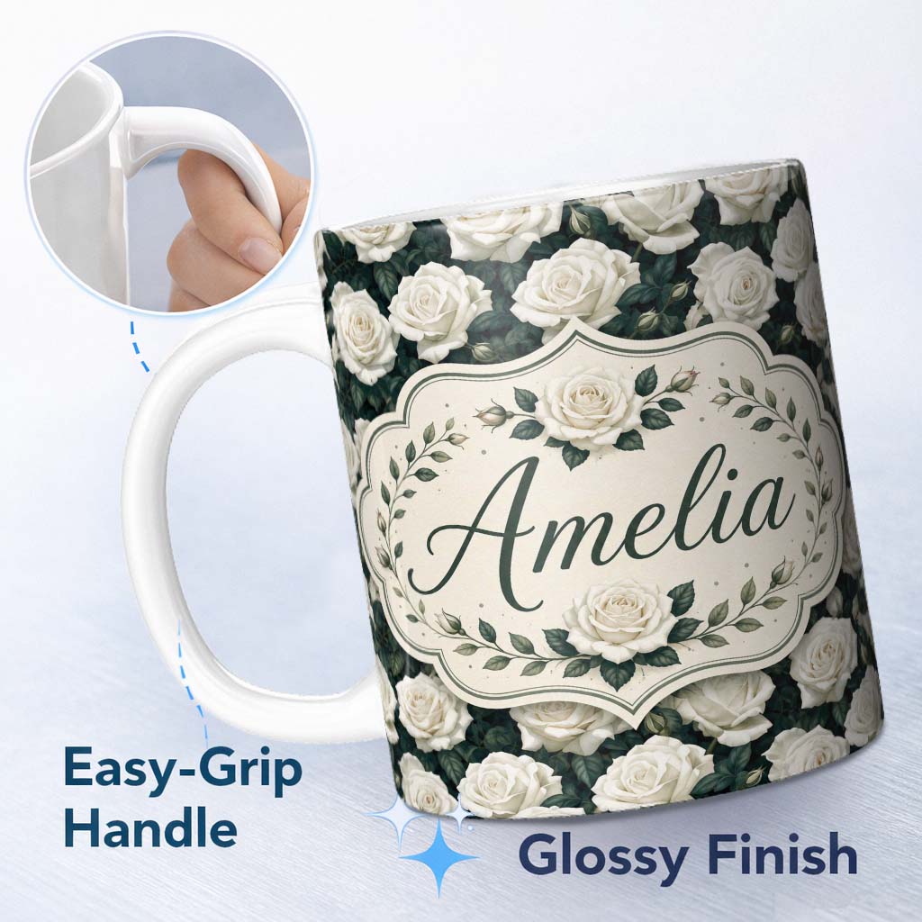 Personalized Custom Name Elegant White Roses with Deep Green Leaves Seamless Pattern Lovely 11oz Ceramic Coffee Tea Mug White Large Handle