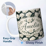 Personalized Custom Name Elegant White Roses with Deep Green Leaves Seamless Pattern Lovely 11oz Ceramic Coffee Tea Mug White Large Handle