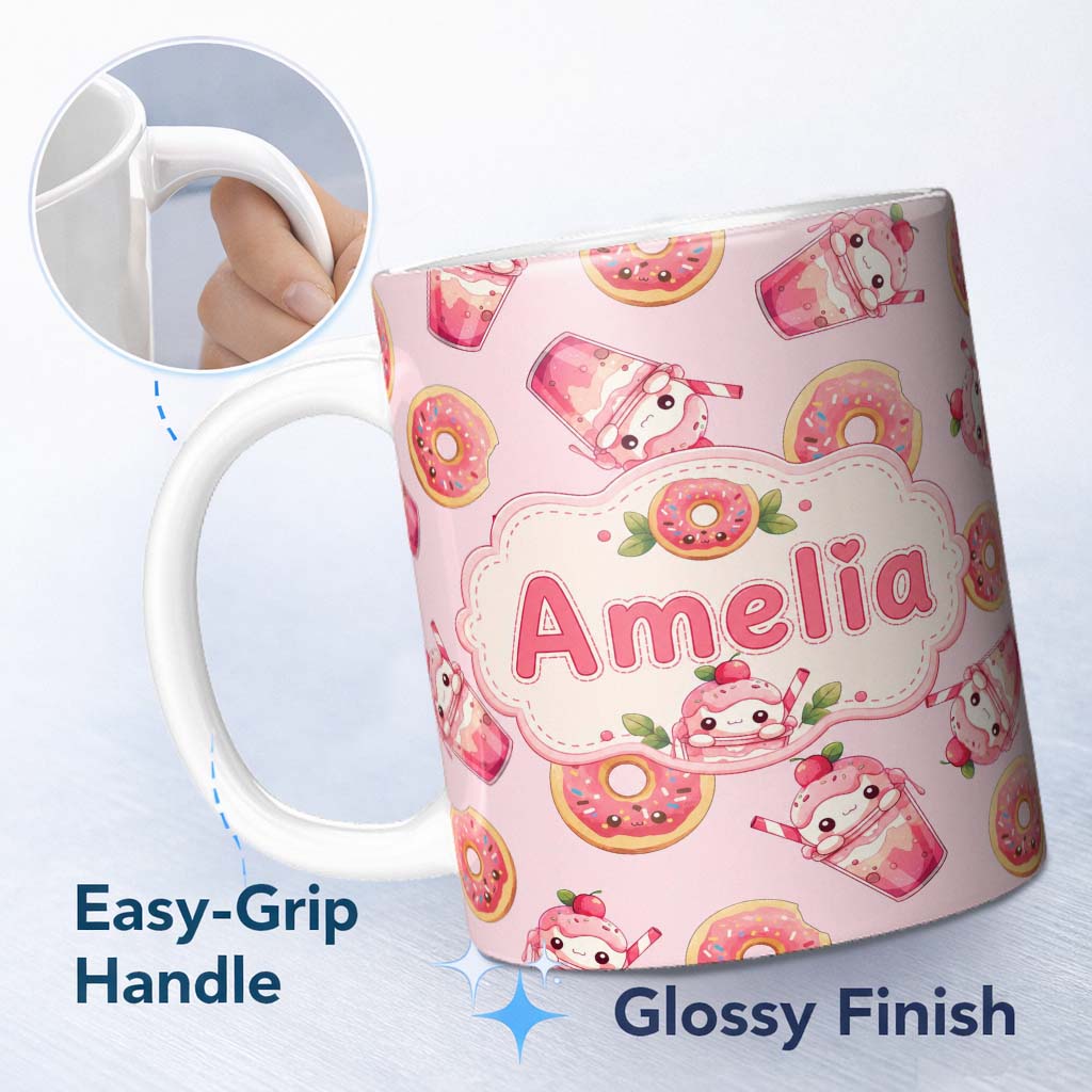 Personalized Custom Name Cute Kawaii Donuts and Strawberry Milkshake Blush Pink Background 11oz Ceramic Coffee Tea Mug White Large Handle
