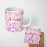 Personalized Custom Name Cute Pastel Unicorn Butterfly Candy Stars Blush Background Seamless 11oz Ceramic Coffee Tea Mug White Large Handle