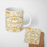Personalized Custom Name Elegant Yellow Floral Bow Botanical Seamless Pattern Lovely 11oz Ceramic Coffee Tea Mug White Large Handle