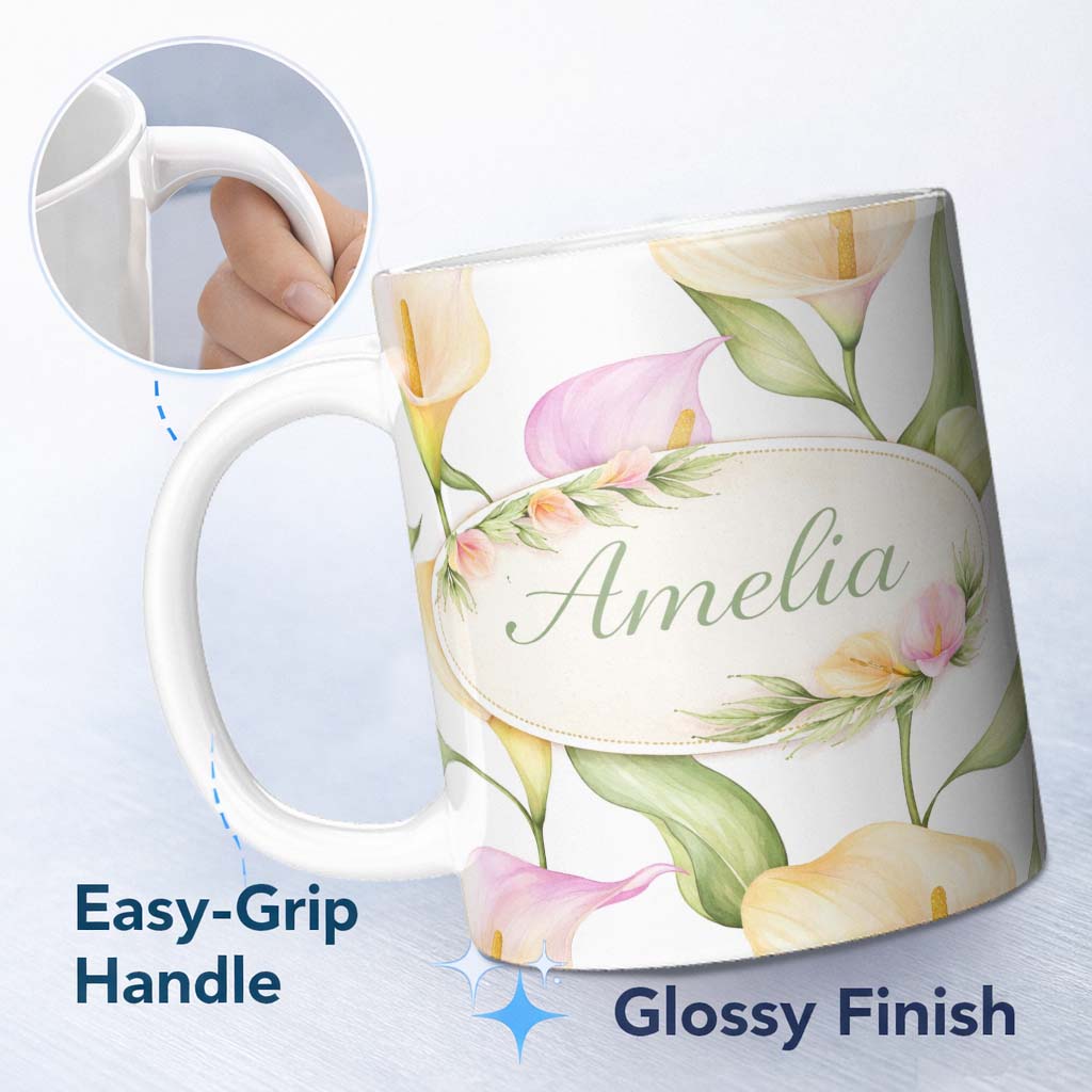 Personalized Custom Name Elegant Calla Lily Botanical Floral Seamless Pattern Lovely 11oz Ceramic Coffee Tea Mug White Large Handle
