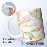 Personalized Custom Name Elegant Calla Lily Botanical Floral Seamless Pattern Lovely 11oz Ceramic Coffee Tea Mug White Large Handle