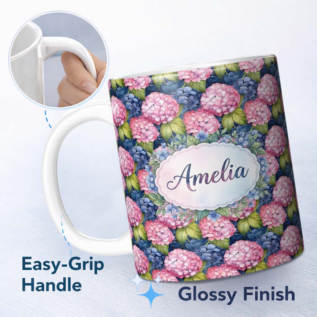 Personalized Custom Name Pink and Blue Hydrangea Floral Seamless Pattern Dark Background 11oz Ceramic Coffee Tea Mug White Large Handle