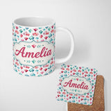 Personalized Custom Name Watercolor Gem Crystal Seamless Pattern on White Cute Unique Gift 11oz Ceramic Coffee Tea Mug White Large Handle