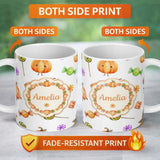 Personalized Custom Name Cute Watercolor Pumpkins and Candy Sweets on Mint Green Background 11oz Ceramic Coffee Tea Mug White Large Handle
