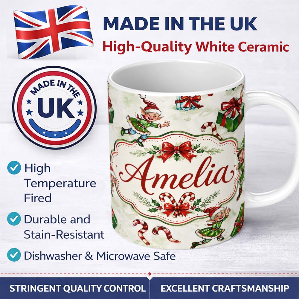 Personalized Custom Name Playful Christmas Elves Gifts Candy Cane Festive Seamless Pattern 11oz Ceramic Coffee Tea Mug White Large Handle