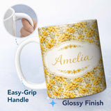 Personalized Custom Name Yellow Poppy Floral Seamless Pattern Botanical Garden Design Lovely 11oz Ceramic Coffee Tea Mug White Large Handle