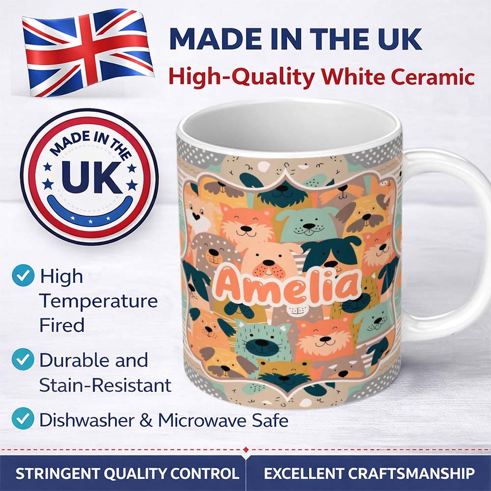 Personalized Custom Name Cute Cartoon Dog Faces Warm Colour Palette Seamless Pattern Lovely 11oz Ceramic Coffee Tea Mug White Large Handle