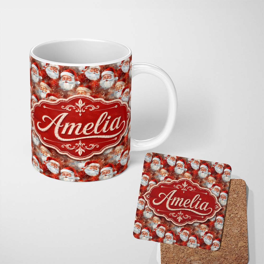 Personalized Custom Name Vintage Style Santa Faces Snowy Red Background Christmas Seamless 11oz Ceramic Coffee Tea Mug White Large Handle