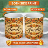 Personalized Custom Name Vintage Orange Marigold Floral Seamless Pattern on Beige Background 11oz Ceramic Coffee Tea Mug White Large Handle