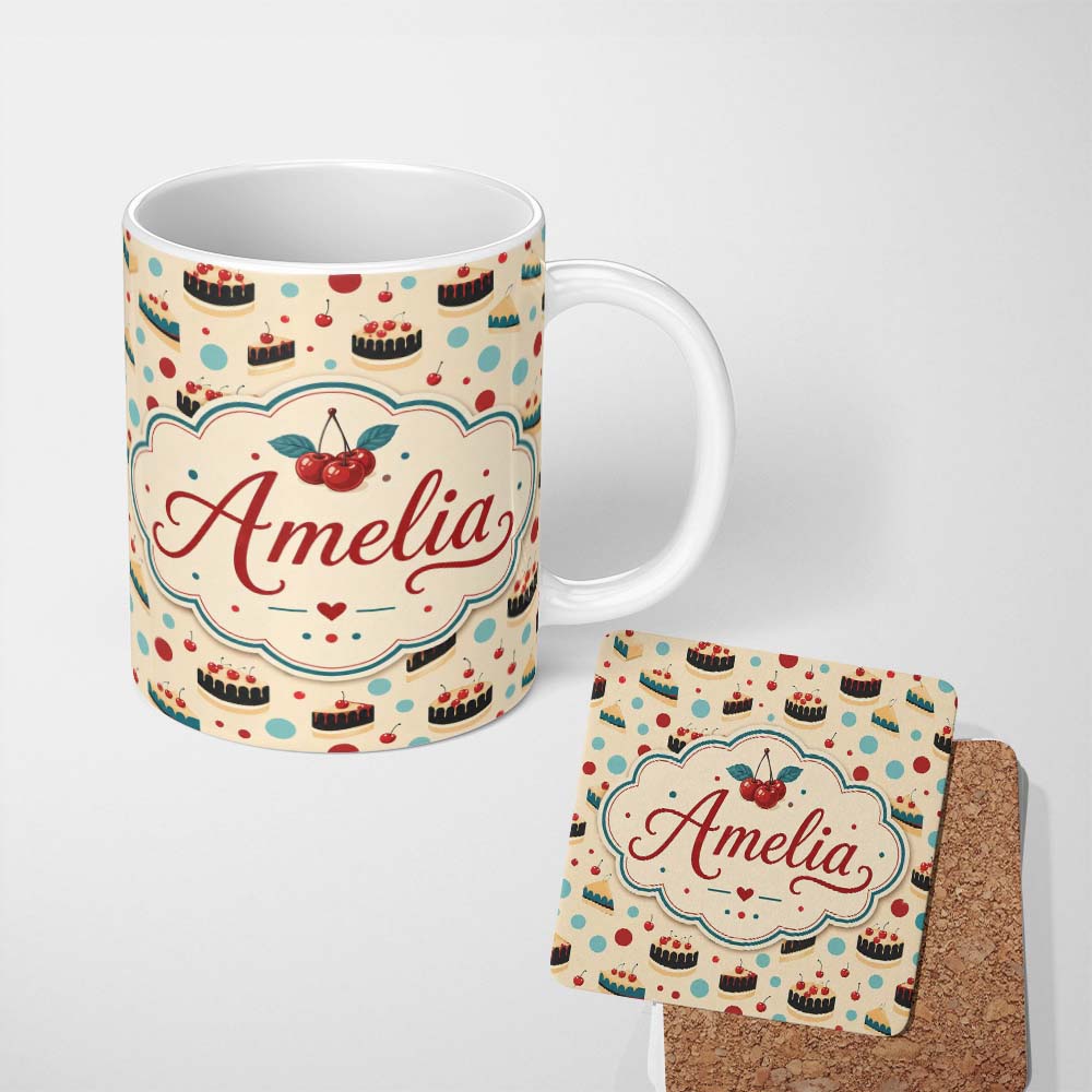 Personalized Custom Name Polka Dot Cake and Slice Dessert Seamless Pattern Cute Unique Gift 11oz Ceramic Coffee Tea Mug White Large Handle