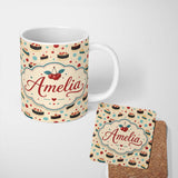 Personalized Custom Name Polka Dot Cake and Slice Dessert Seamless Pattern Cute Unique Gift 11oz Ceramic Coffee Tea Mug White Large Handle