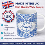 Personalized Custom Name Blue Portuguese Azulejo Ornamental Tile Seamless Pattern Lovely 11oz Ceramic Coffee Tea Mug White Large Handle