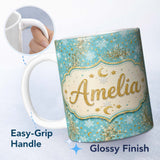 Personalized Custom Name Light Blue Gold Snowflake Star Glitter Christmas Seamless Pattern 11oz Ceramic Coffee Tea Mug White Large Handle