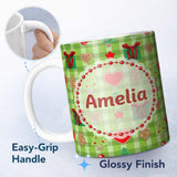 Personalized Custom Name Cute Christmas Trees Hearts Gifts Green Plaid Seamless Pattern 11oz Ceramic Coffee Tea Mug White Large Handle