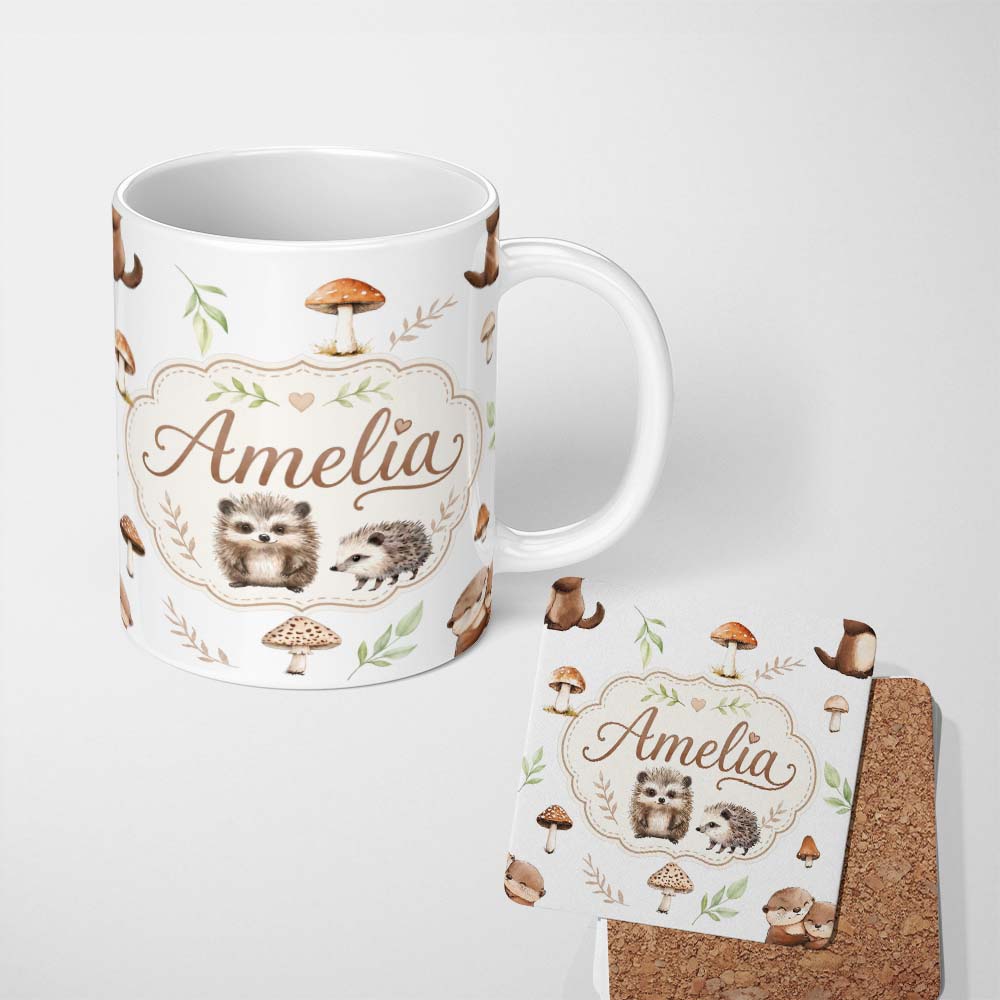 Personalized Custom Name Cute Woodland Hedgehogs with Mushrooms Leaves White Background 11oz Ceramic Coffee Tea Mug White Large Handle