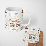 Personalized Custom Name Cute Woodland Hedgehogs with Mushrooms Leaves White Background 11oz Ceramic Coffee Tea Mug White Large Handle