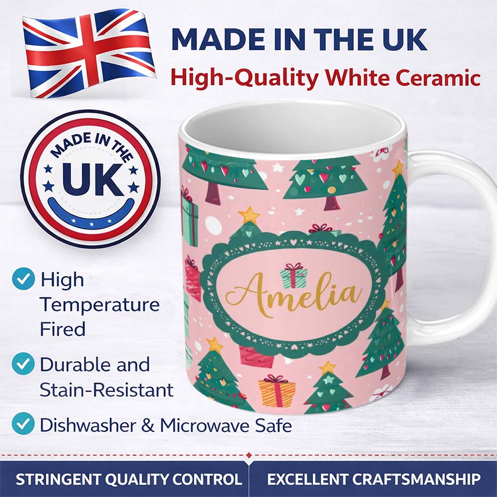 Personalized Custom Name Cute Christmas Tree Gift Box Festive Seamless Pattern Lovely 11oz Ceramic Coffee Tea Mug White Large Handle
