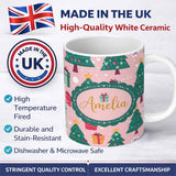 Personalized Custom Name Cute Christmas Tree Gift Box Festive Seamless Pattern Lovely 11oz Ceramic Coffee Tea Mug White Large Handle