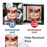 Personalized Custom Name Watercolour Red Poinsettia and Leaves Soft Festive Seamless Pattern 11oz Ceramic Coffee Tea Mug White Large Handle