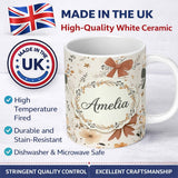 Personalized Custom Name Neutral Beige Bows with Soft Floral Botanical Design Seamless Lovely 11oz Ceramic Coffee Tea Mug White Large Handle