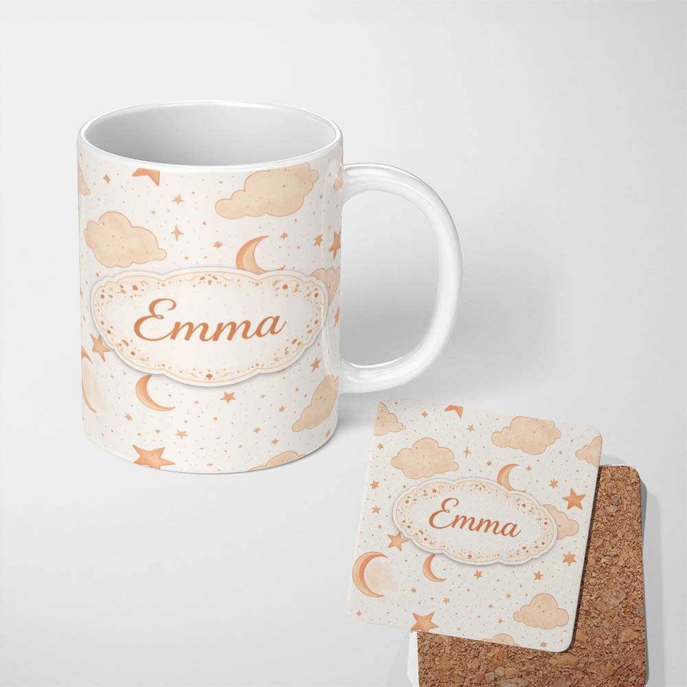 Personalized Custom Name Warm Neutral Moon Stars Clouds Nursery Seamless Pattern Lovely 11oz Ceramic Coffee Tea Mug White Large Handle