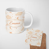 Personalized Custom Name Warm Neutral Moon Stars Clouds Nursery Seamless Pattern Lovely 11oz Ceramic Coffee Tea Mug White Large Handle