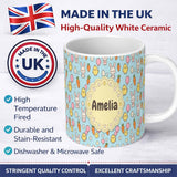 Personalized Custom Name Cute Easter Bunny Chick Eggs Carrot Cute Seamless Pattern Blue 11oz Ceramic Coffee Tea Mug White Large Handle