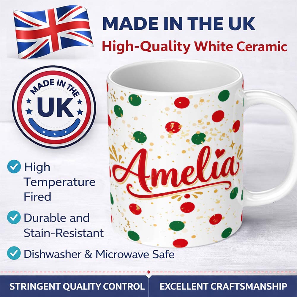 Personalized Custom Name Red Green Polka Dot Gold Splash Seamless Pattern Cute Unique Gift 11oz Ceramic Coffee Tea Mug White Large Handle
