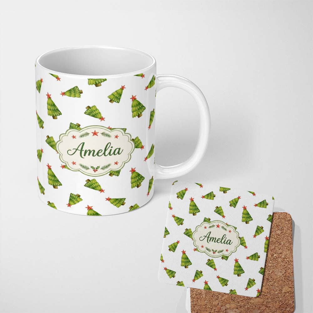 Personalized Custom Name Scattered Christmas Trees with Red Star Tops Minimal Seamless Lovely 11oz Ceramic Coffee Tea Mug White Large Handle