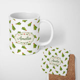 Personalized Custom Name Scattered Christmas Trees with Red Star Tops Minimal Seamless Lovely 11oz Ceramic Coffee Tea Mug White Large Handle