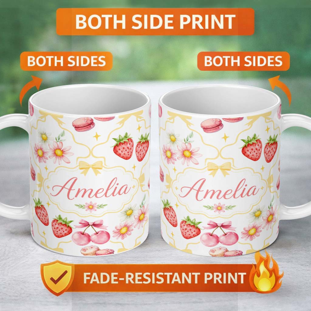 Personalized Custom Name Strawberry Cherry Daisy Floral Bow Sweet Dessert Yellow Outline 11oz Ceramic Coffee Tea Mug White Large Handle