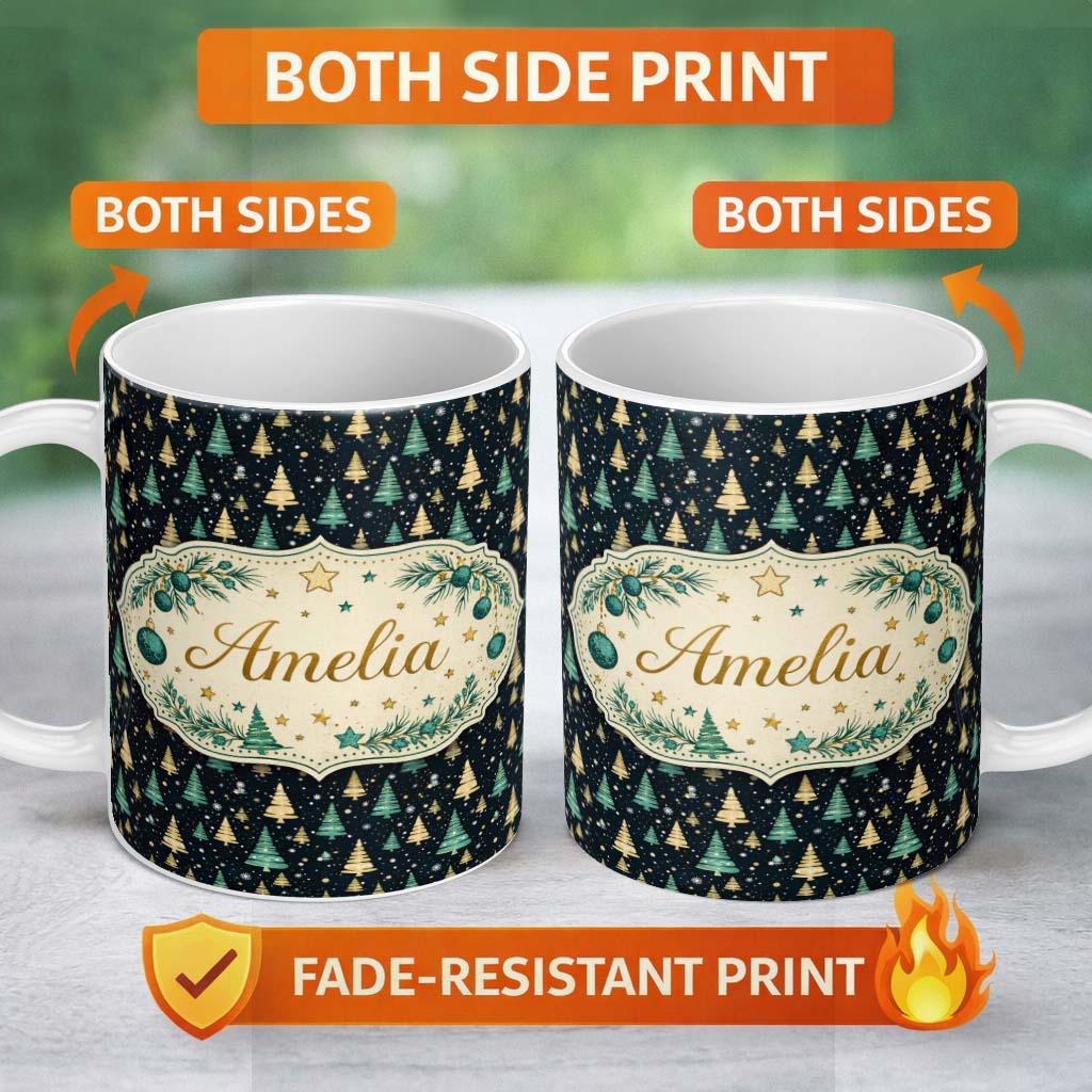 Personalized Custom Name Elegant Gold Green Christmas Trees Night Seamless Pattern Lovely 11oz Ceramic Coffee Tea Mug White Large Handle
