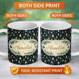 Personalized Custom Name Elegant Gold Green Christmas Trees Night Seamless Pattern Lovely 11oz Ceramic Coffee Tea Mug White Large Handle