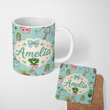 Personalized Custom Name Cute Kawaii Garden Tools Plants Bees Seamless Pattern Mint Lovely 11oz Ceramic Coffee Tea Mug White Large Handle