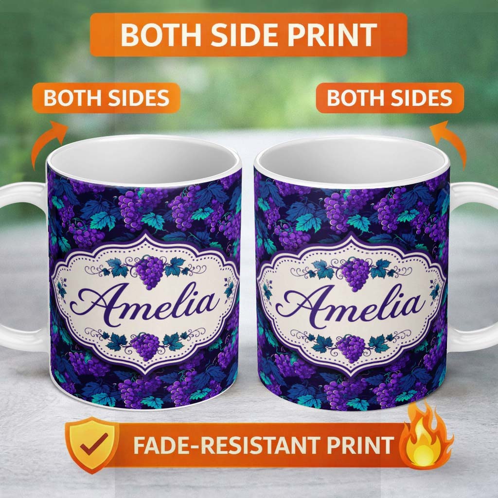 Personalized Custom Name Teal Leaves and Purple Grapes Decorative Seamless Pattern Lovely 11oz Ceramic Coffee Tea Mug White Large Handle