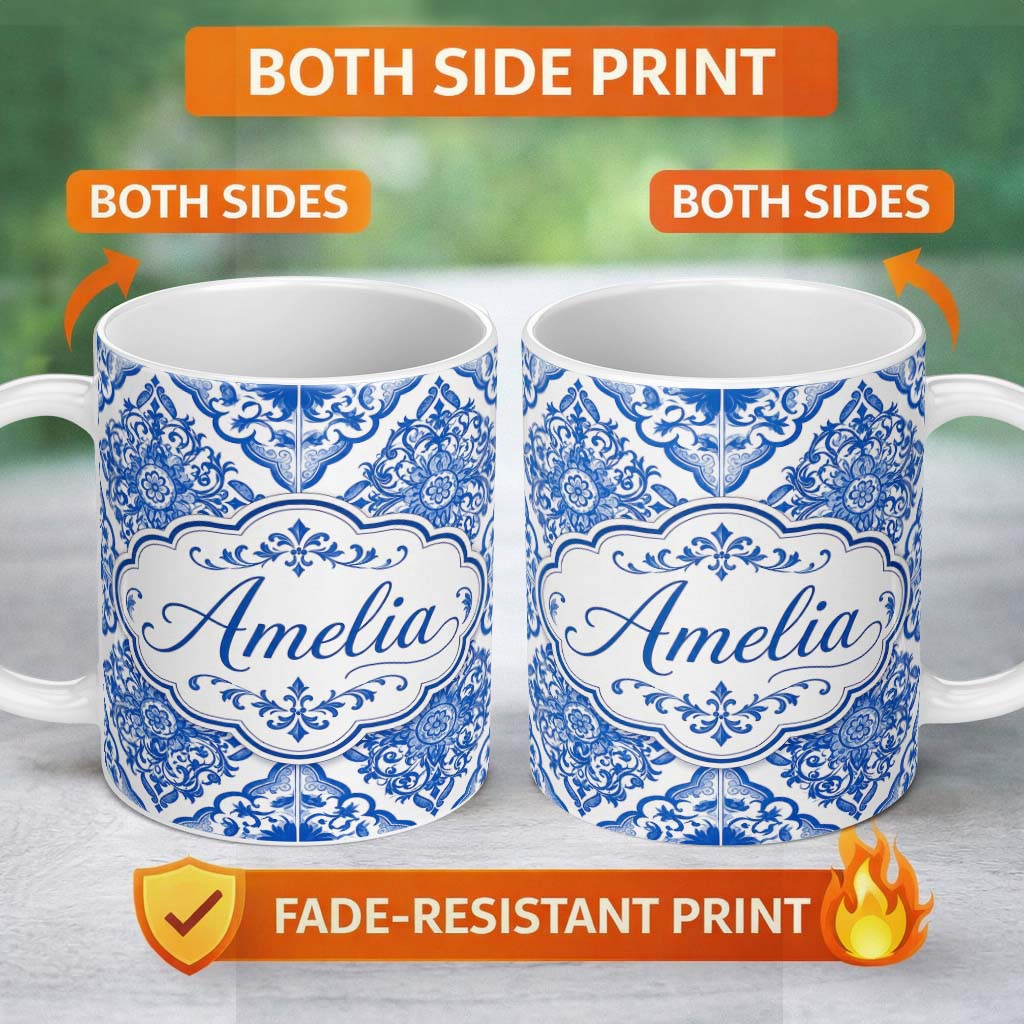 Personalized Custom Name Blue Portuguese Azulejo Ornamental Tile Seamless Pattern Lovely 11oz Ceramic Coffee Tea Mug White Large Handle