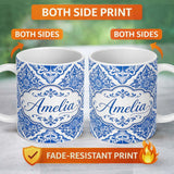Personalized Custom Name Blue Portuguese Azulejo Ornamental Tile Seamless Pattern Lovely 11oz Ceramic Coffee Tea Mug White Large Handle