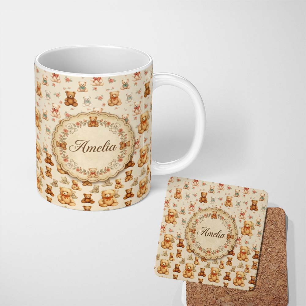 Personalized Custom Name Cute Teddy Bears with Soft Neutral Background Seamless Pattern 11oz Ceramic Coffee Tea Mug White Large Handle