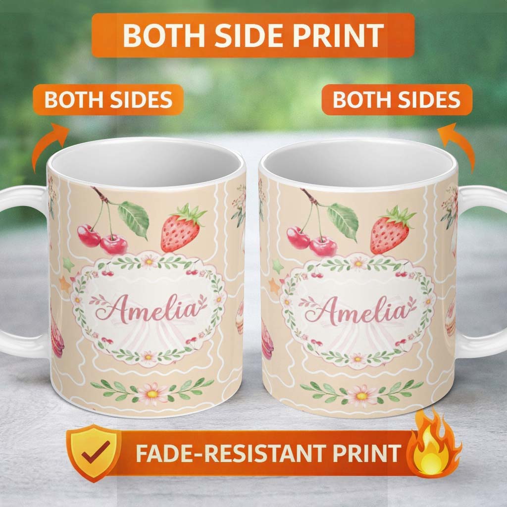 Personalized Custom Name Cute Watercolor Cherry Strawberry Ribbon Bow and Macaron Frame Beige 11oz Ceramic Coffee Tea Mug White Large Handle