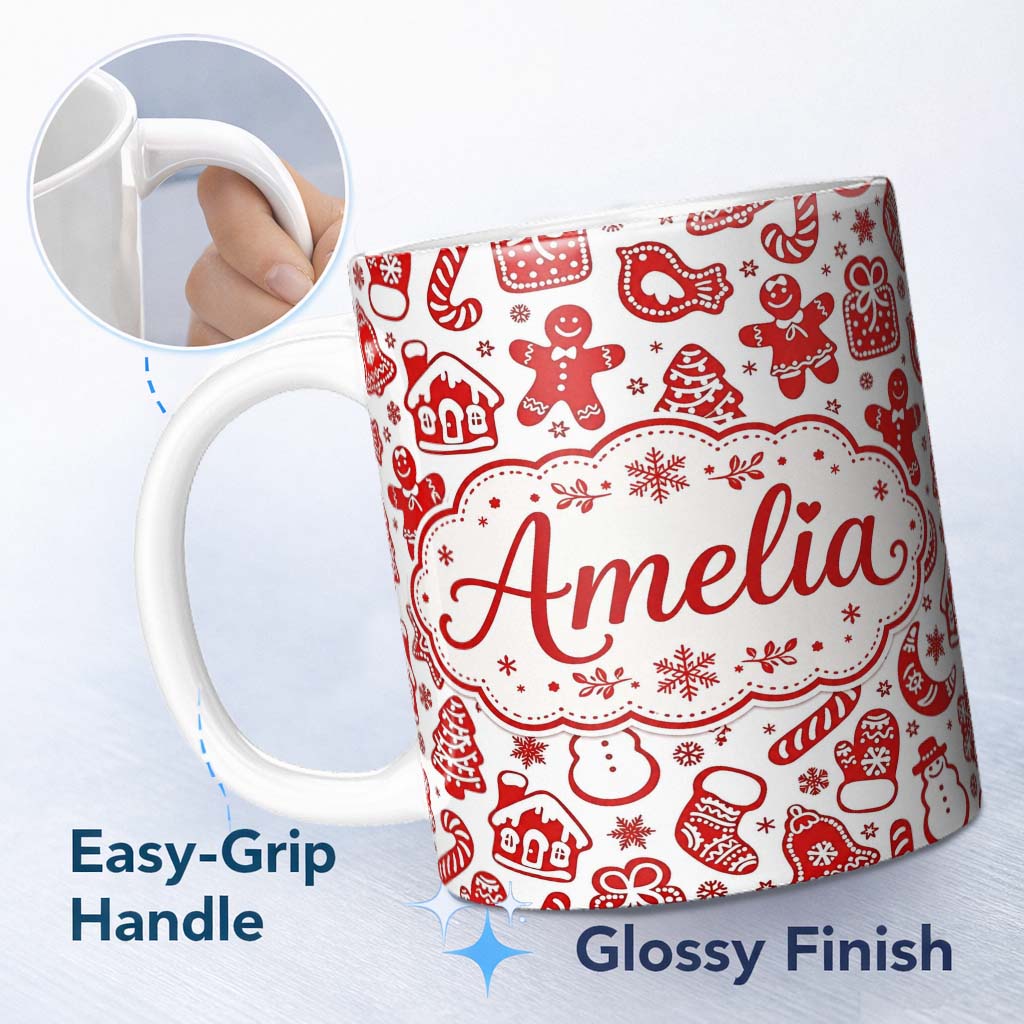Personalized Custom Name Red Christmas Gingerbread Snowflake Seamless Pattern Lovely 11oz Ceramic Coffee Tea Mug White Large Handle