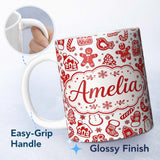 Personalized Custom Name Red Christmas Gingerbread Snowflake Seamless Pattern Lovely 11oz Ceramic Coffee Tea Mug White Large Handle